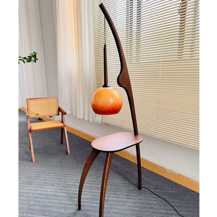 Arched Wooden Floor Lamp with Amber Glass Orb