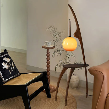 Arched Wooden Floor Lamp with Amber Glass Orb
