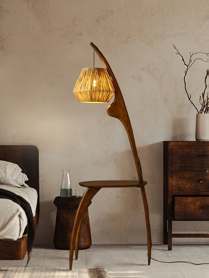 Arched Wooden Floor Lamp with Amber Glass Orb