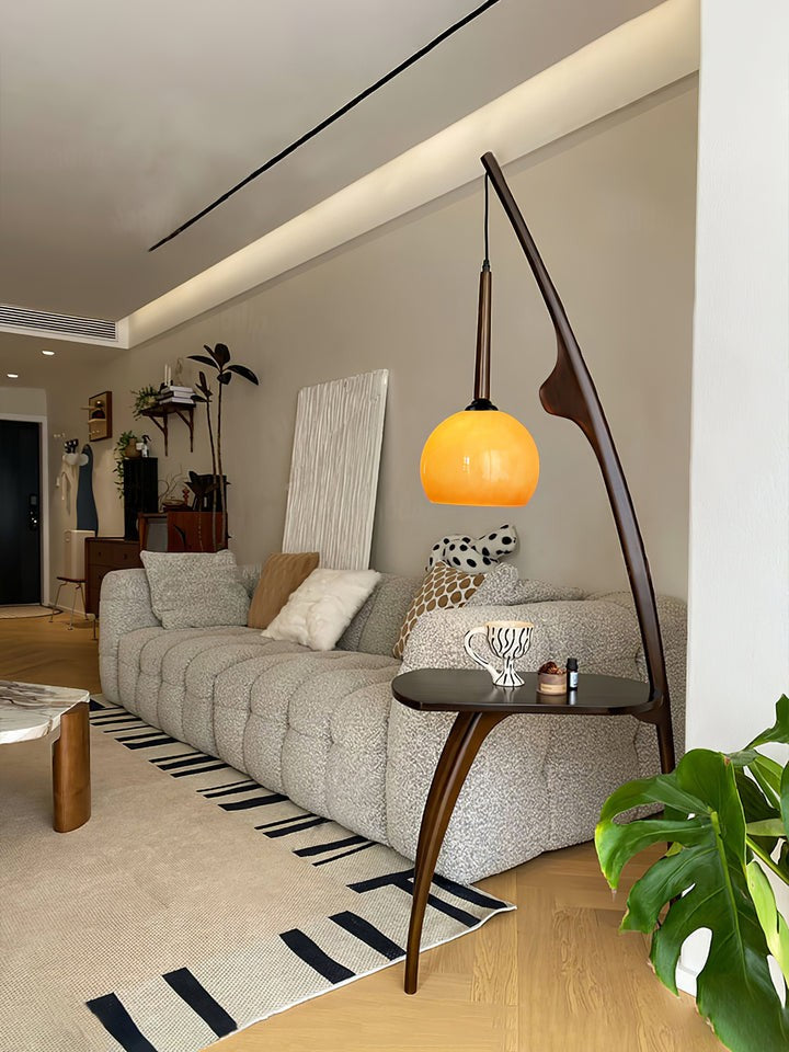 Arched Wooden Floor Lamp with Amber Glass Orb