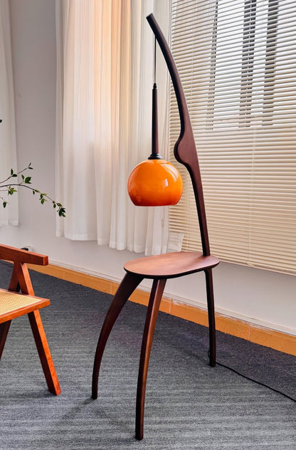 Arched Wooden Floor Lamp with Amber Glass Orb