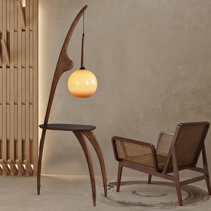 Arched Wooden Floor Lamp with Amber Glass Orb