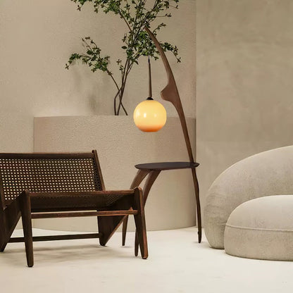 Arched Wooden Floor Lamp with Amber Glass Orb