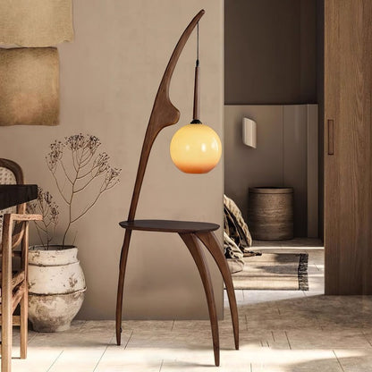 Arched Wooden Floor Lamp with Amber Glass Orb