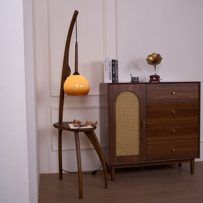 Arched Wooden Floor Lamp with Amber Glass Orb