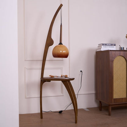 Arched Wooden Floor Lamp with Amber Glass Orb