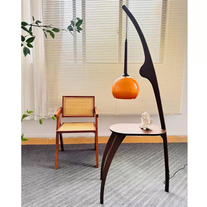 Arched Wooden Floor Lamp with Amber Glass Orb