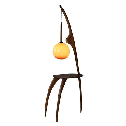 Arched Wooden Floor Lamp with Amber Glass Orb