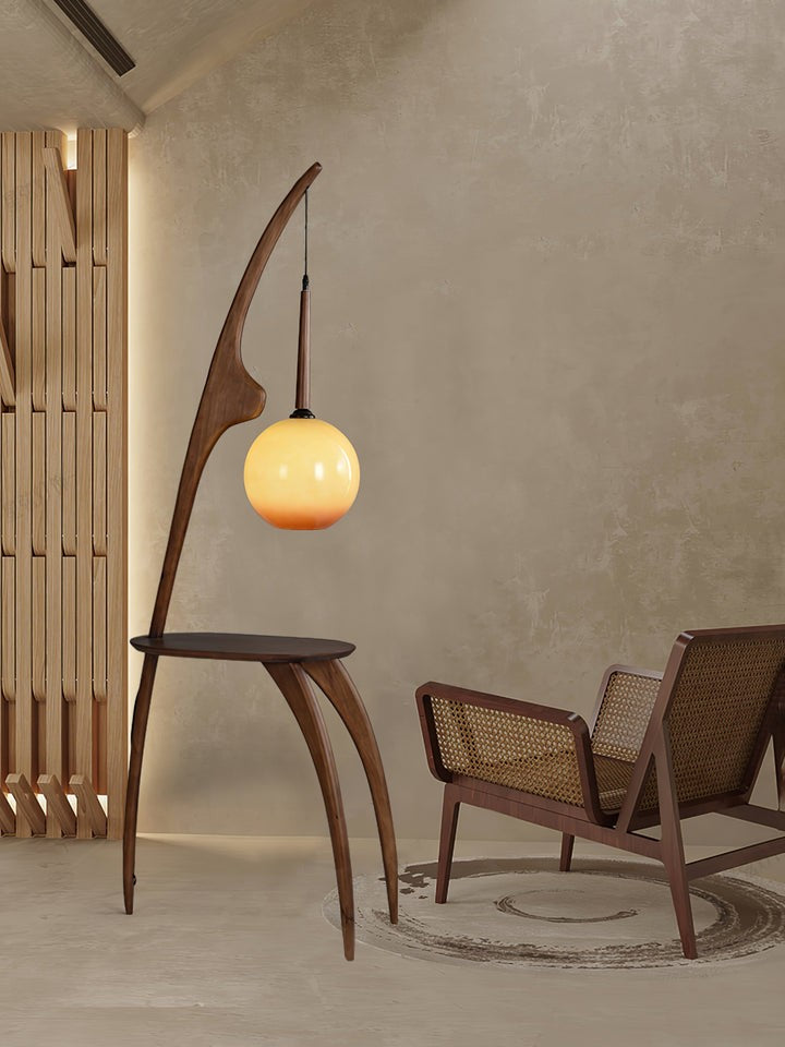 Arched Wooden Floor Lamp with Amber Glass Orb