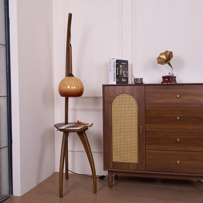Arched Wooden Floor Lamp with Amber Glass Orb