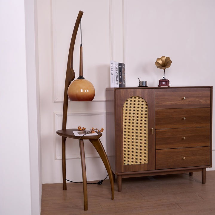 Arched Wooden Floor Lamp with Amber Glass Orb