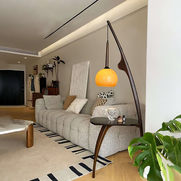 Arched Wooden Floor Lamp with Amber Glass Orb