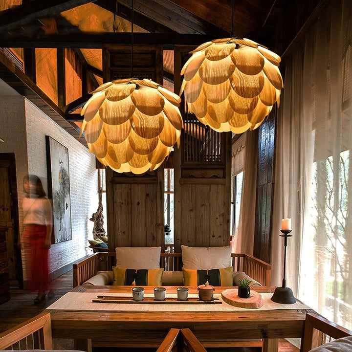Ash Wood Pinecone Pendant Lamp – Nature-Inspired Ceiling Light