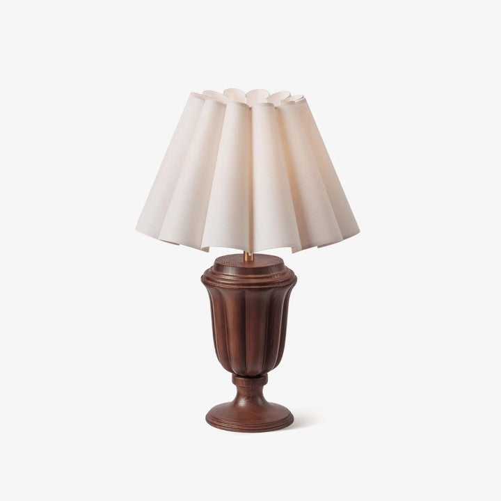 Beige Scalloped Tulip Table Lamp with Wooden Base