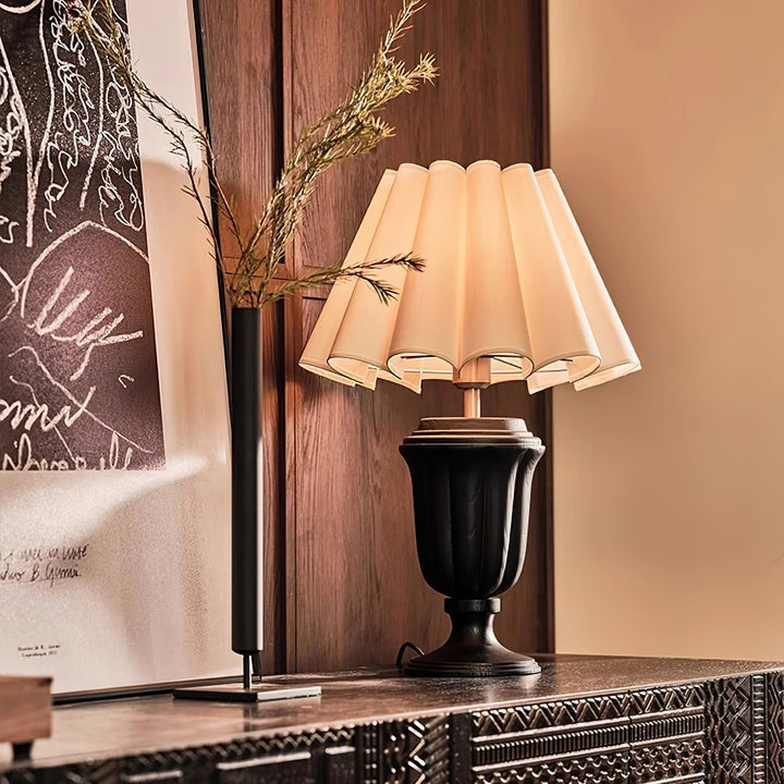 Beige Scalloped Tulip Table Lamp with Wooden Base