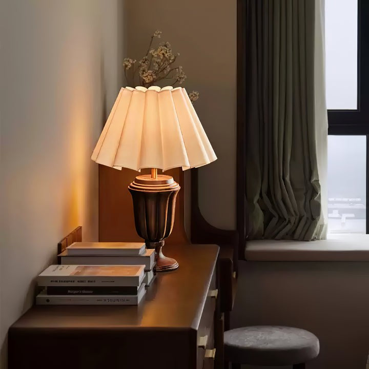 Beige Scalloped Tulip Table Lamp with Wooden Base