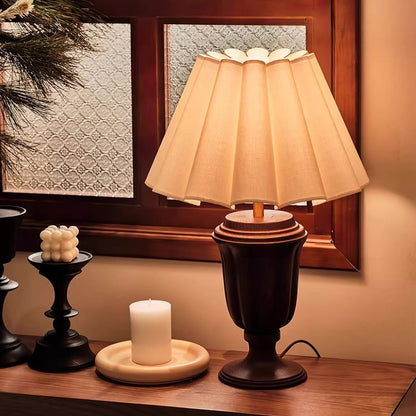 Beige Scalloped Tulip Table Lamp with Wooden Base