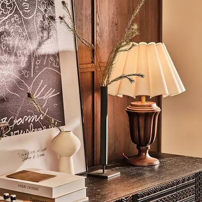 Beige Scalloped Tulip Table Lamp with Wooden Base