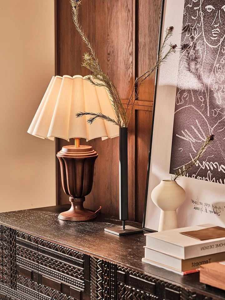 Beige Scalloped Tulip Table Lamp with Wooden Base