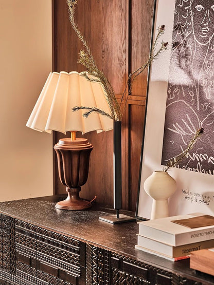 Beige Scalloped Tulip Table Lamp with Wooden Base