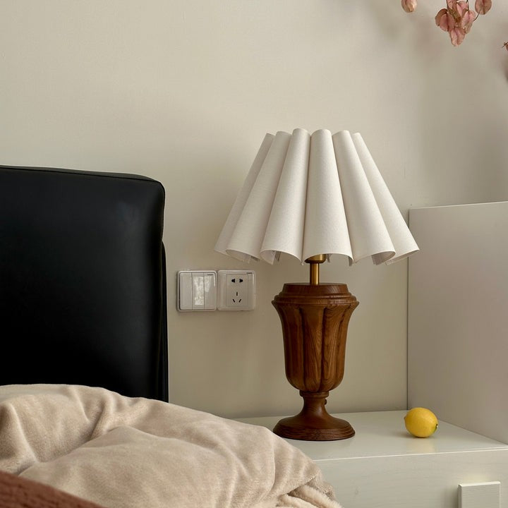 Beige Scalloped Tulip Table Lamp with Wooden Base