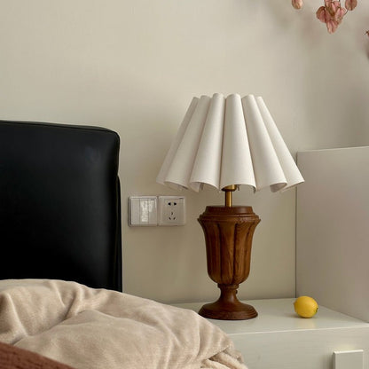 Beige Scalloped Tulip Table Lamp with Wooden Base