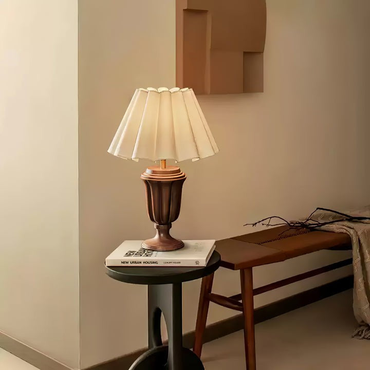Beige Scalloped Tulip Table Lamp with Wooden Base