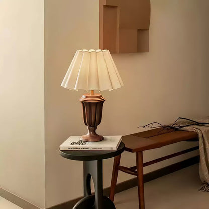 Beige Scalloped Tulip Table Lamp with Wooden Base