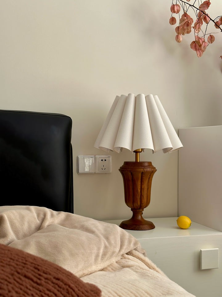 Beige Scalloped Tulip Table Lamp with Wooden Base