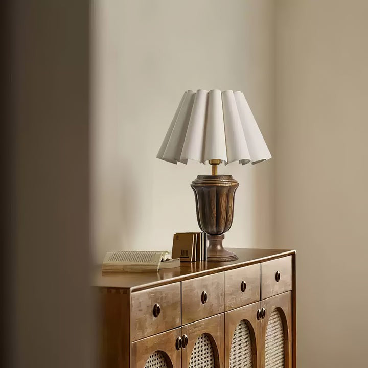 Beige Scalloped Tulip Table Lamp with Wooden Base