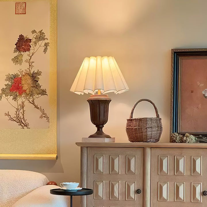 Beige Scalloped Tulip Table Lamp with Wooden Base