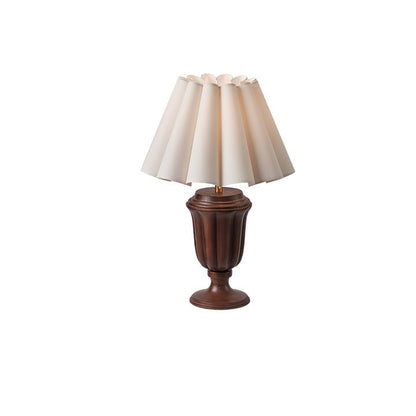 Beige Scalloped Tulip Table Lamp with Wooden Base