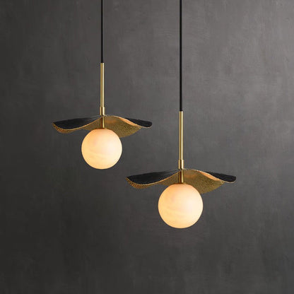 Biomorphic Alabaster & Brass Pendant Light