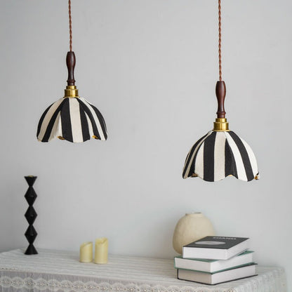 Black and Cream Striped Scalloped Pendant Light