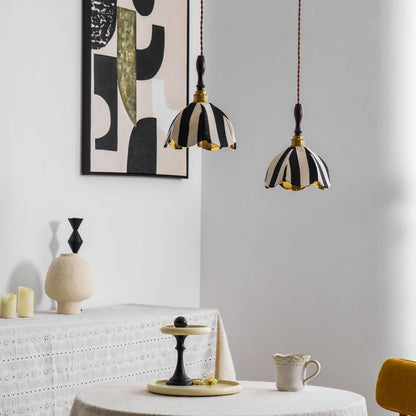 Black and Cream Striped Scalloped Pendant Light