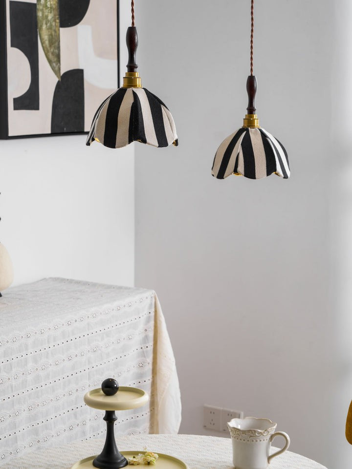 Black and Cream Striped Scalloped Pendant Light