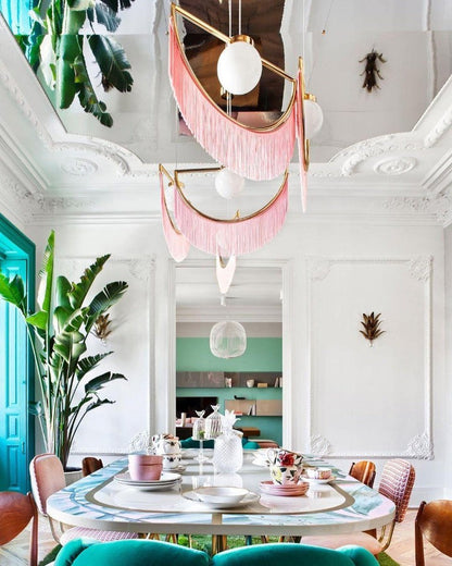 Bohemian Fringe Tassel Pendant Light with Geometric Frame