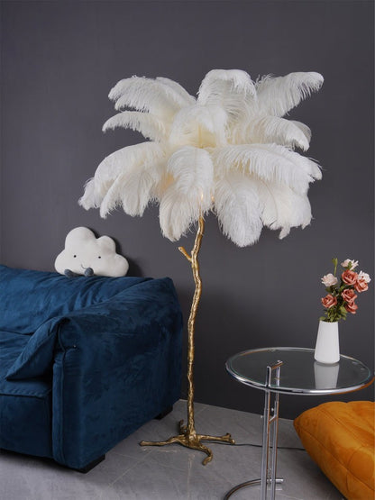 Brass and Ostrich Feather Luxury Floor Lamp