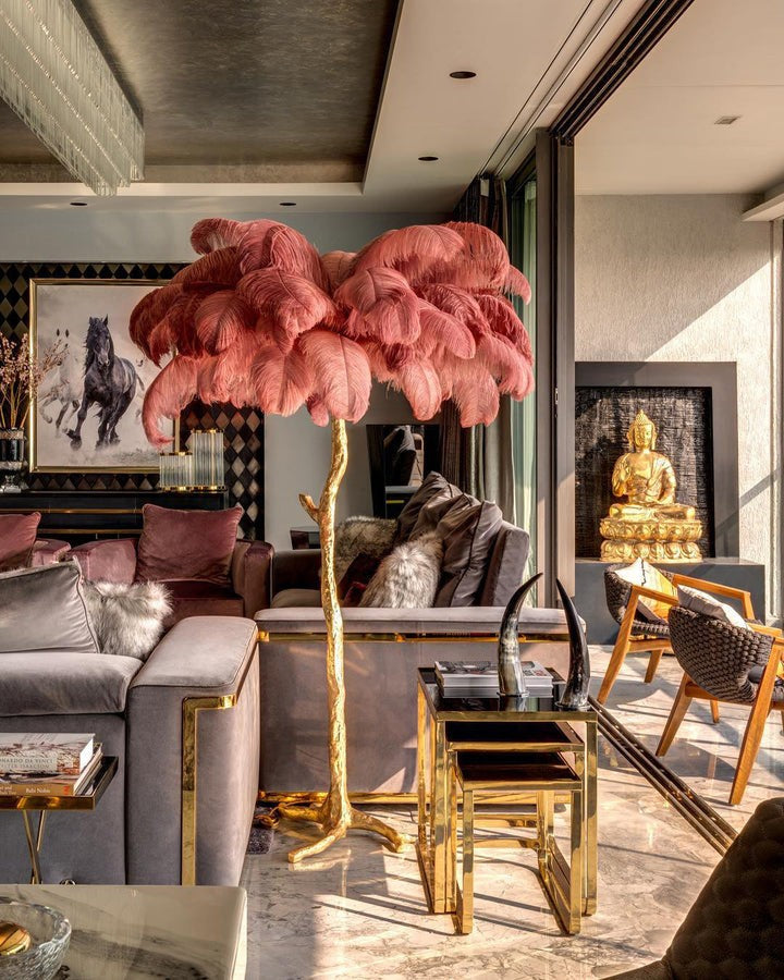 Brass and Ostrich Feather Luxury Floor Lamp