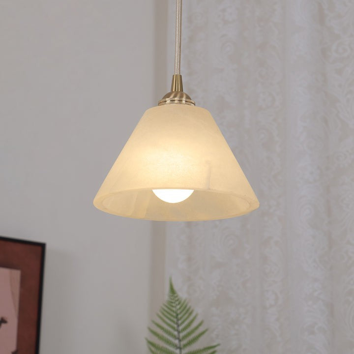 Brass Conical Pendant Light with Alabaster Shade