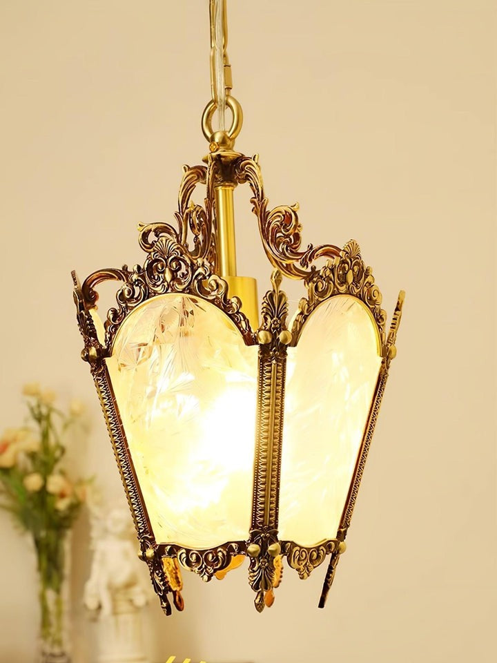 Brass Empire-Style Pendant Light with Frosted Glass