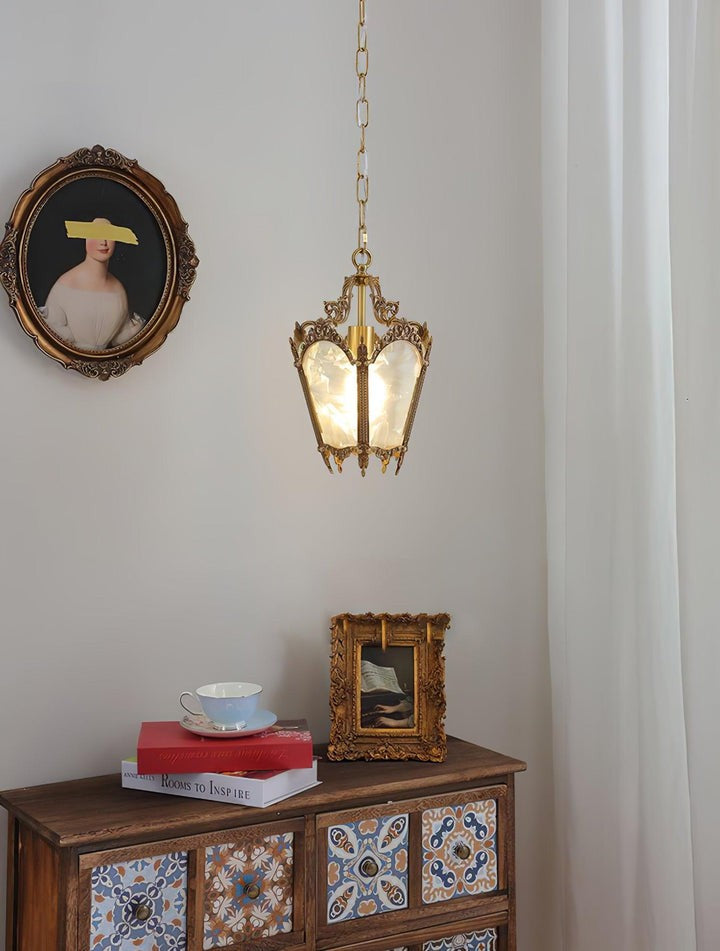 Brass Empire-Style Pendant Light with Frosted Glass