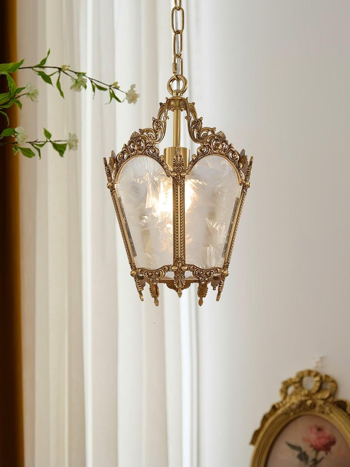 Brass Empire-Style Pendant Light with Frosted Glass