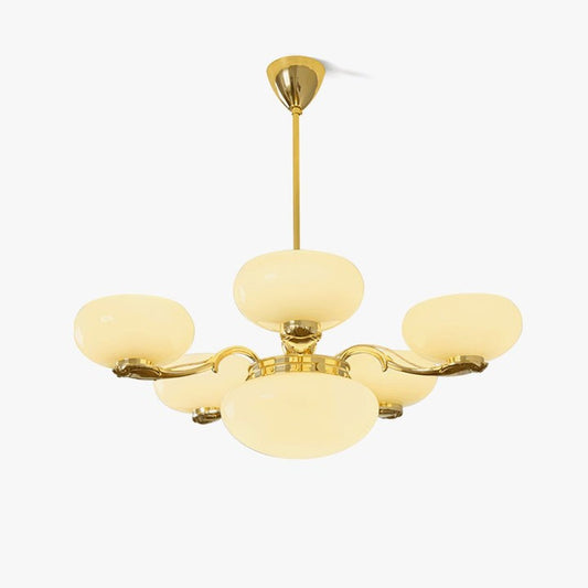 Brass Orb Chandelier with Beige Glass Shades