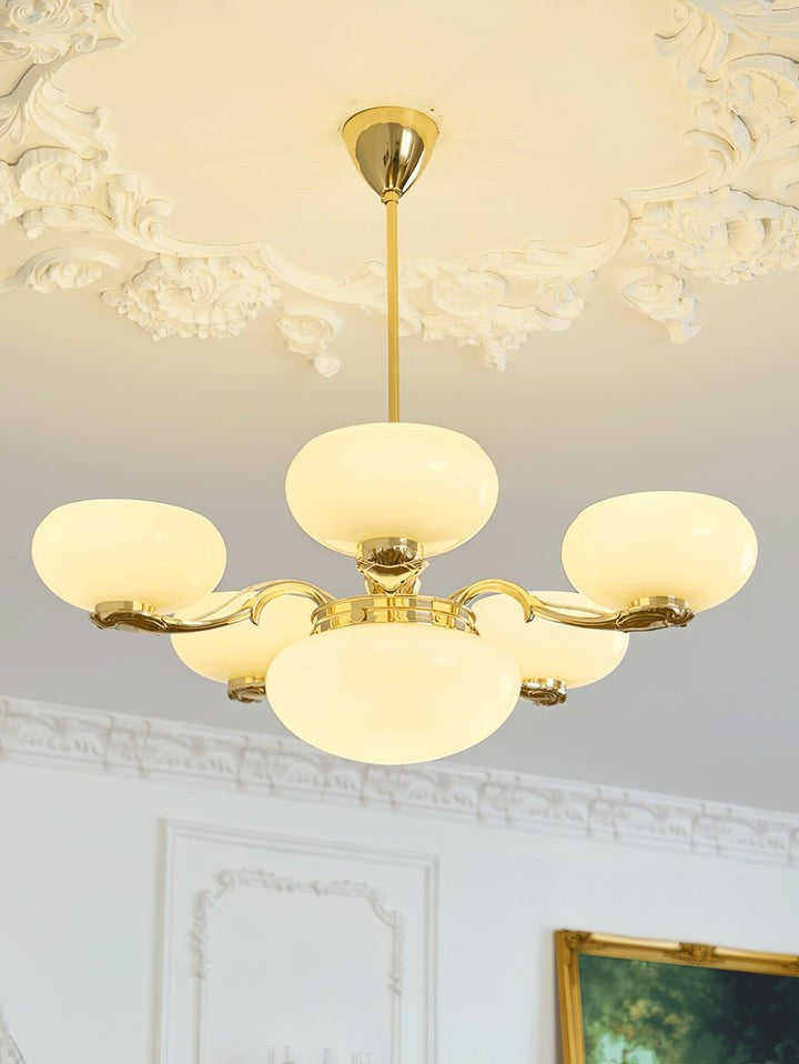 Brass Orb Chandelier with Beige Glass Shades