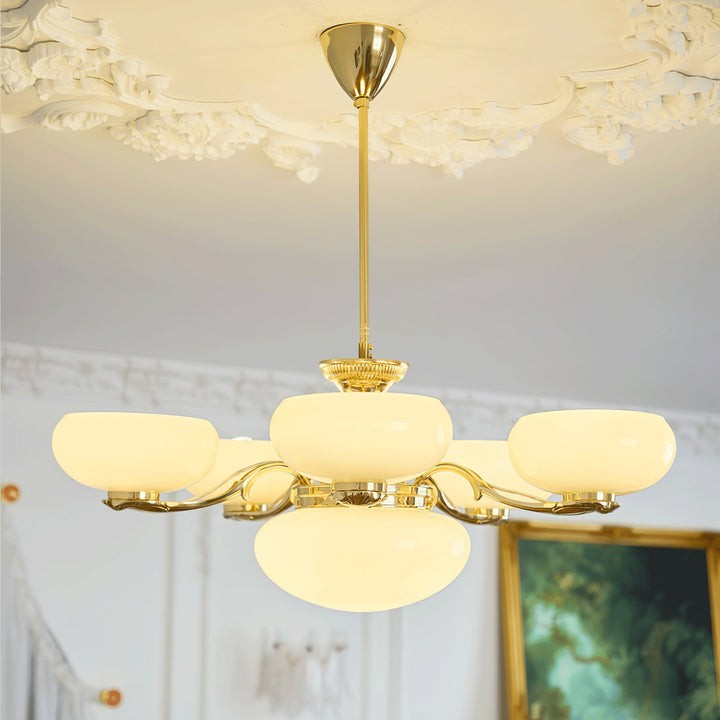 Brass Orb Chandelier with Beige Glass Shades