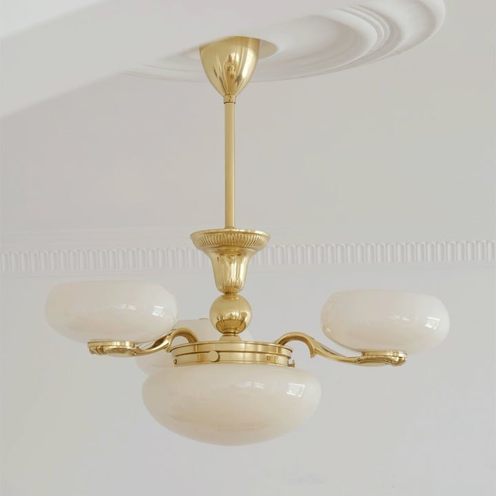 Brass Orb Chandelier with Beige Glass Shades