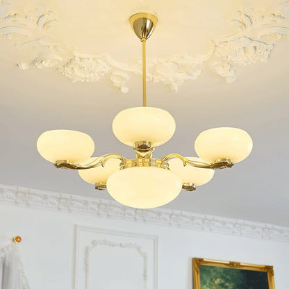 Brass Orb Chandelier with Beige Glass Shades