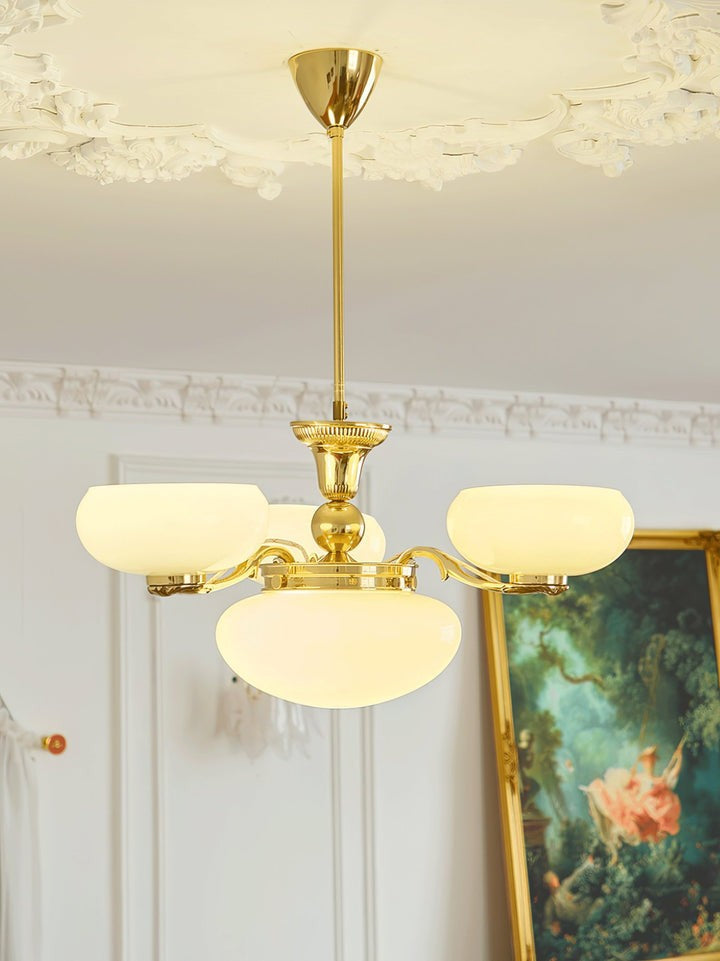 Brass Orb Chandelier with Beige Glass Shades