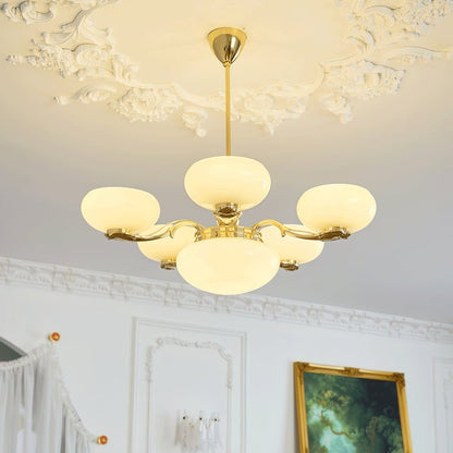 Brass Orb Chandelier with Beige Glass Shades